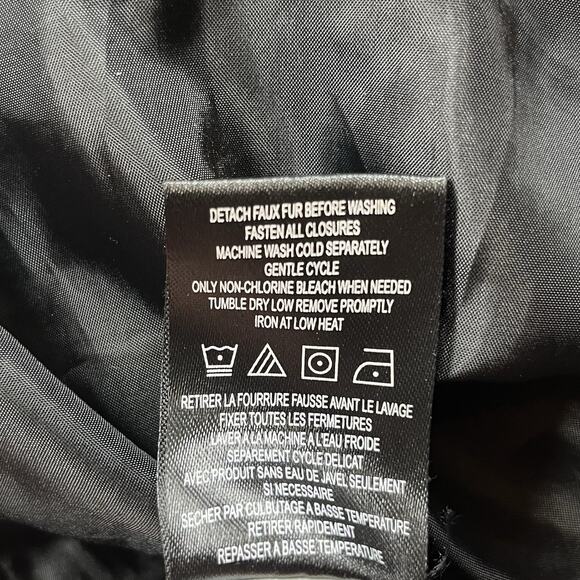 Bebe Long Black Puffer Coat Belted Gold Accents Womens L Double Zipper Hooded - Picture 15 of 16